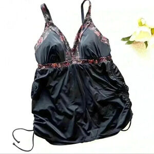 Swim By Cacique Black/Floral Tummy Control Deep V Tankini Swimming Suit Size 16